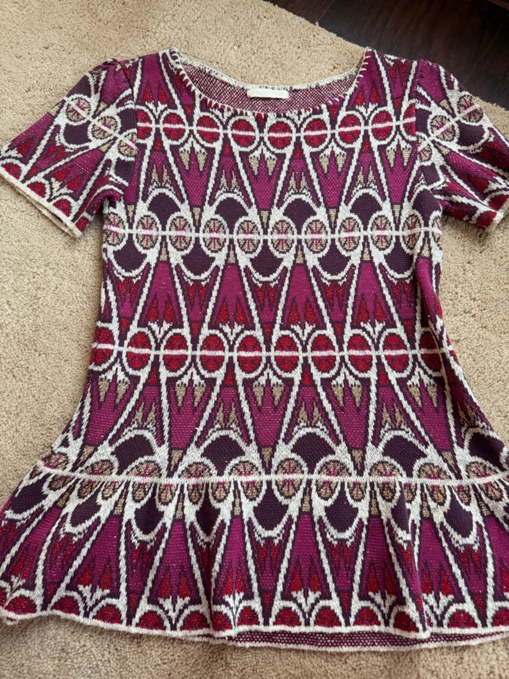 Patterned Peplum Knit Tunic Top - Magenta